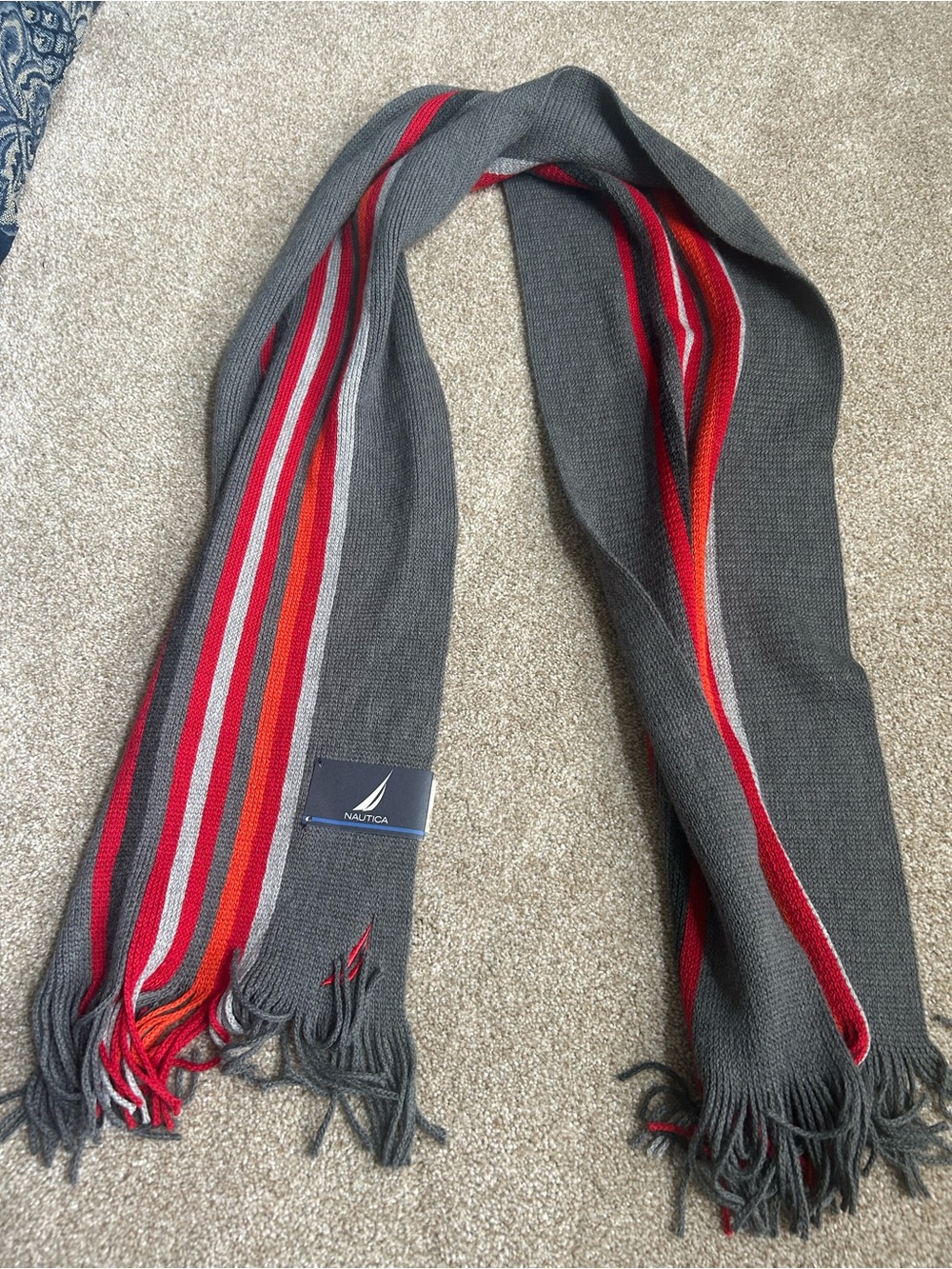 Nautica Gray Knit Scarf with Red and Orange Stripe Accents